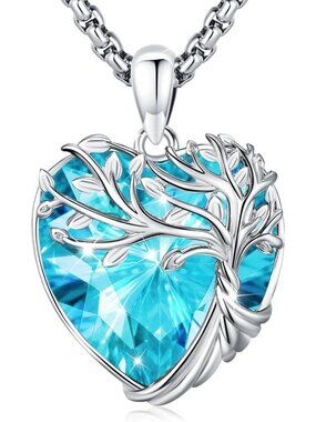 Heart Birthstone Tree of Life Necklace | Silver Plated Crystal Pendant Jewelry